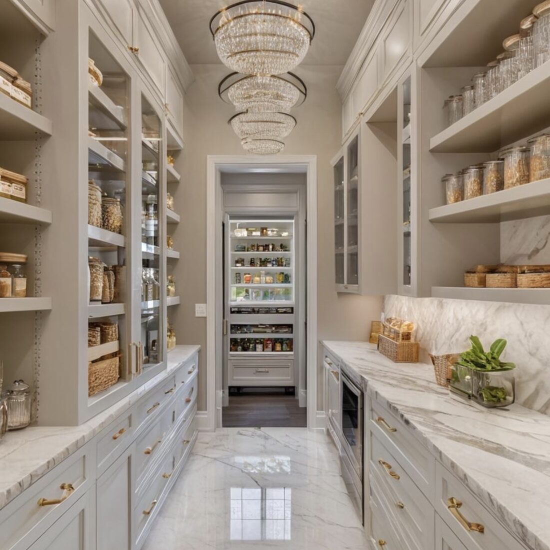 Butler's pantry with marble counters and glass cabinetry