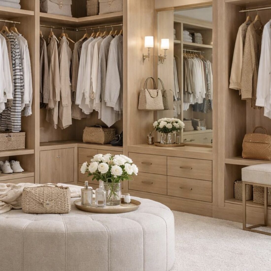 Primary closet with tufted ottoman and organized hanging storage