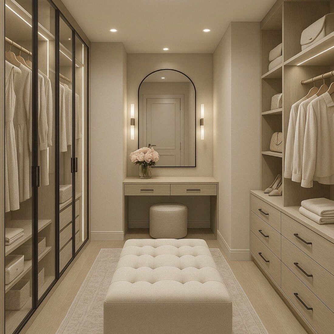 Closet vanity nook with mirror and seating