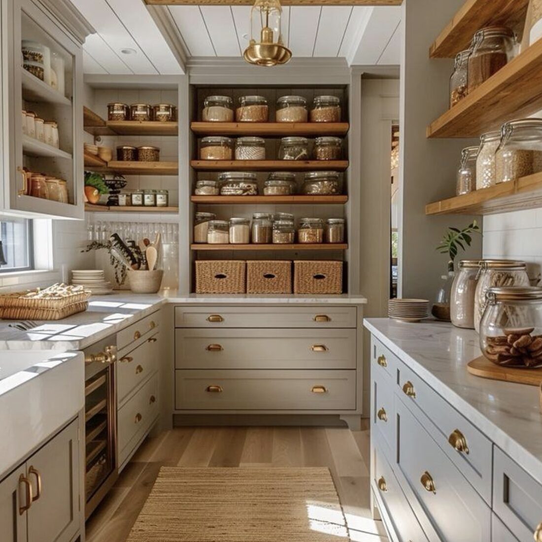 Pantry shelving styled with glass jars and brass hardware