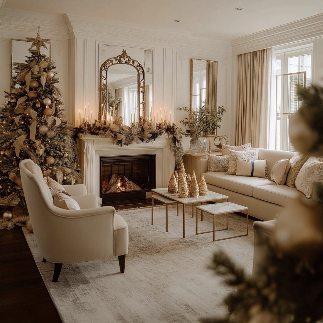 Living room styled for the holidays with a decorated tree and mantel